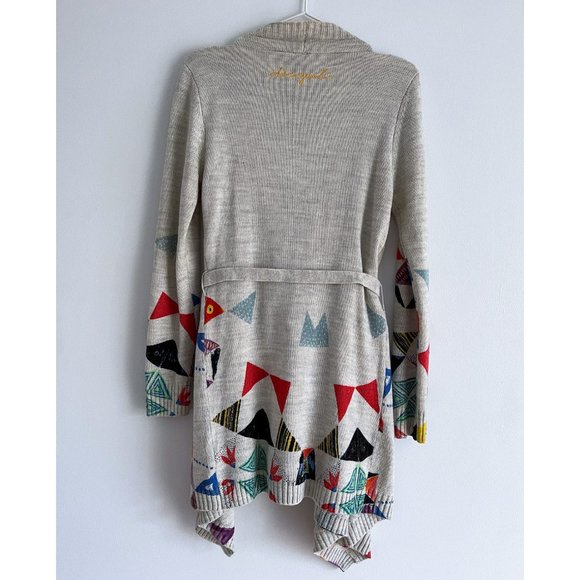 Desigual Asymmetric Open Knit Long Cardigan Colorful Geometric Belt Sweater Sz M - Picture 8 of 12